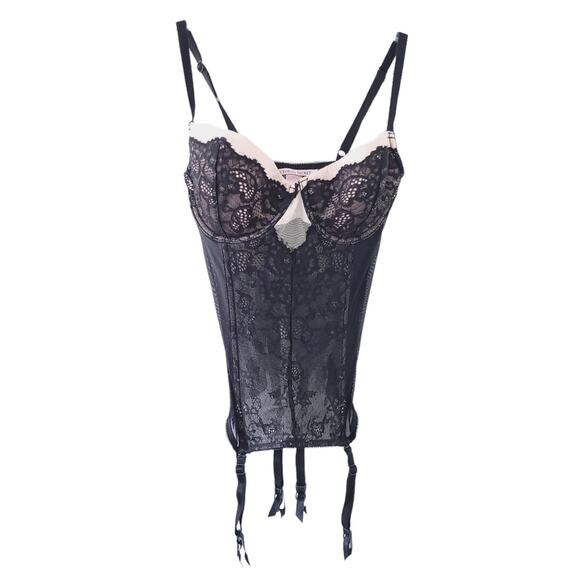 Victoria's Secret Black Lace Corset 36B Underwire, Semisheer, Side Zipper - Picture 1 of 3
